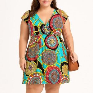 J Valdi Women's Colorful Eclectic Boho Abstract V Neck Short Sleeve Dress Size L
